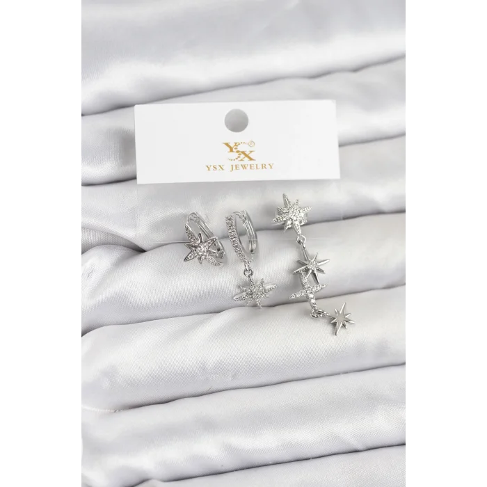 Pirinç Gümüş Renk Zirkon Taşlı Kutup Yıldızı Model YSX Trio Küpe Seti