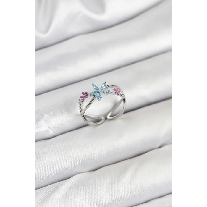 Pirinç Gümüş Renk Zirkon Taşlı Mavi Çiçekli Kadın Yüzük