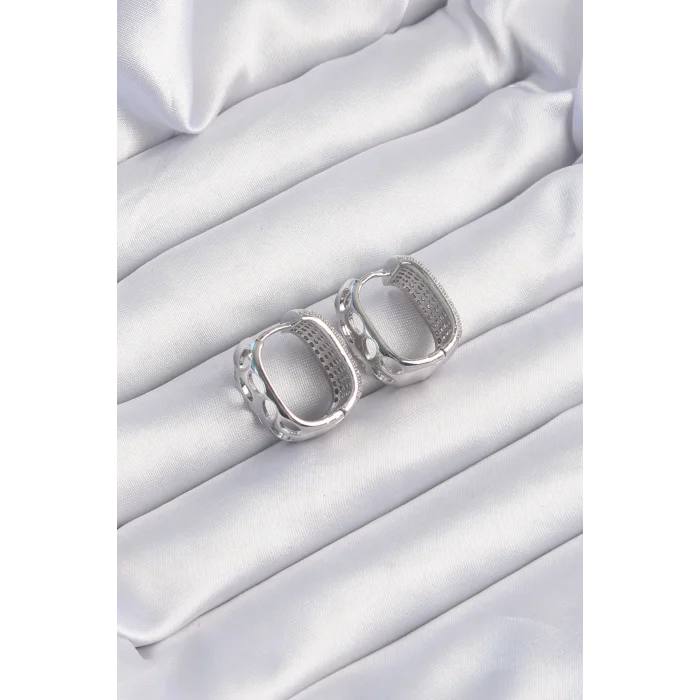 Pirinç Gümüş Renk Zirkon Taşlı Minimal Halka Küpe