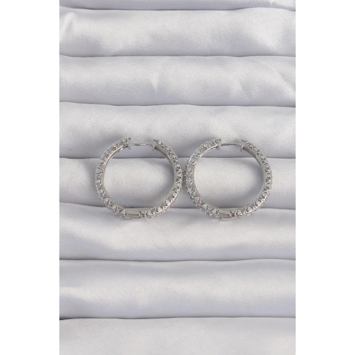 Pirinç Gümüş Renk Zirkon Taşlı Motifli Halka Küpe