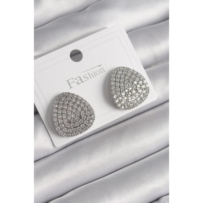 Pirinç Gümüş Renk Zirkon Taşlı Plaka Model Kadın Küpe