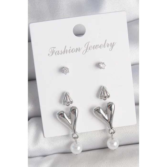 Pirinç Gümüş Renk Zirkon Taşlı Sallantılı Kalp Model 3 Çift Kadın Küpe Seti