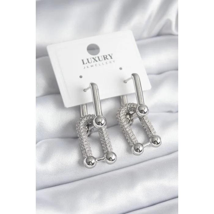 Pirinç Gümüş Renk Zirkon Taşlı Model VIP Seri Kadın Küpe