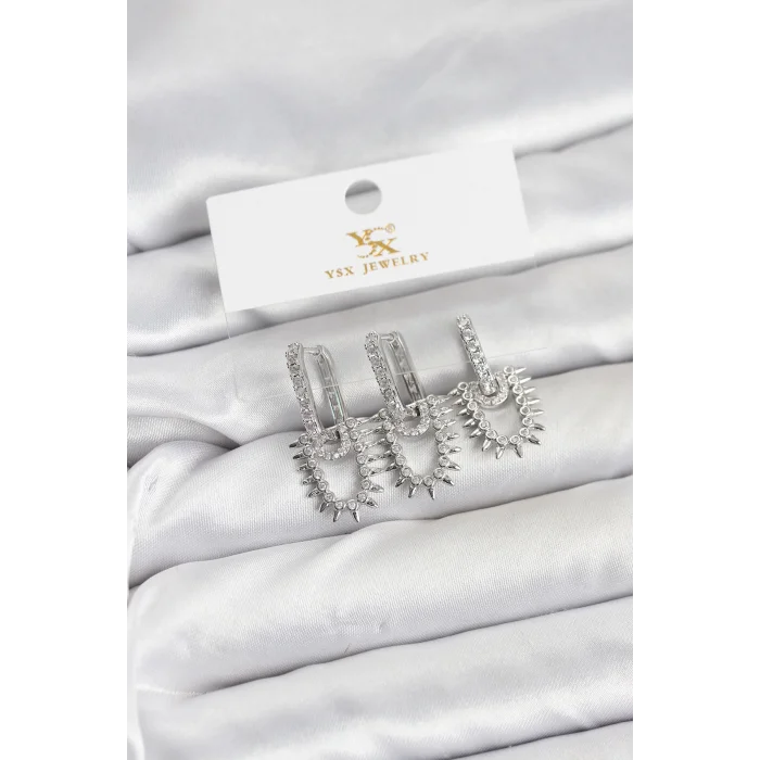 Pirinç Gümüş Renk Zirkon Taşlı Vintage Model YSX Trio Küpe Seti