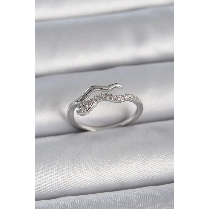 Pirinç Gümüş Renk Zirkon Taşlı Yılan Ayarlanabilir Model Kadın Yüzük