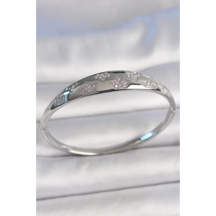 Pirinç Gümüş Renk Zirkon Taşlı Yıldız İşlemeli Kadın Kelepçe