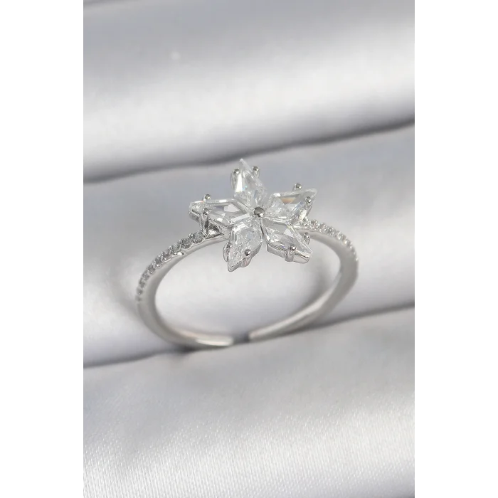 Pirinç Gümüş Renk Zirkon Taşlı Yıldız Model Ayarlanabilir Kadın Yüzük