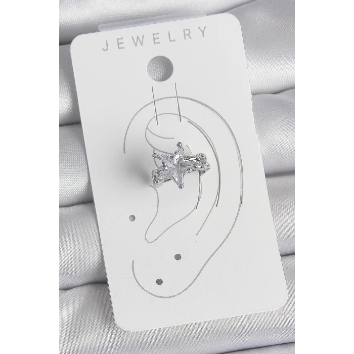 Pirinç Gümüş Renk Zirkon Taşlı Yıldız Model Kadın Kıkırdak Küpe