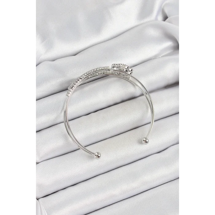 Pirinç Gümüş Renk Zirkon Taşlı Yonca Model 2li Kadın Bileklik