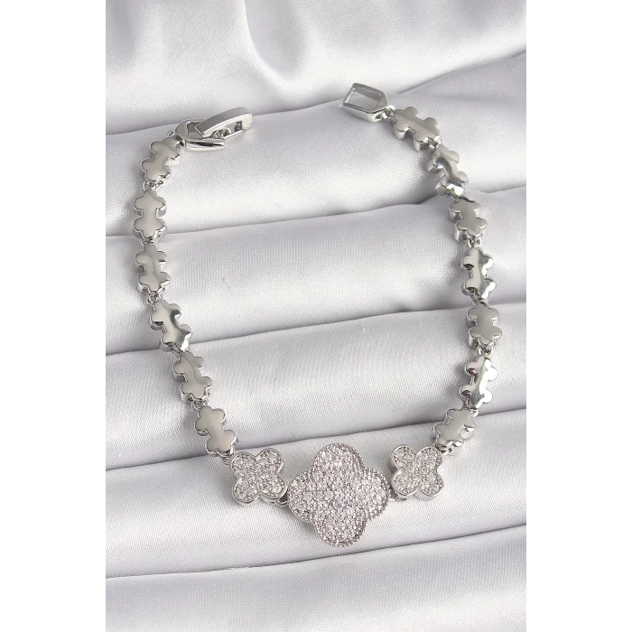 Pirinç Gümüş Renk Zirkon Taşlı Yonca Model Zincir Model Kadın Bileklik