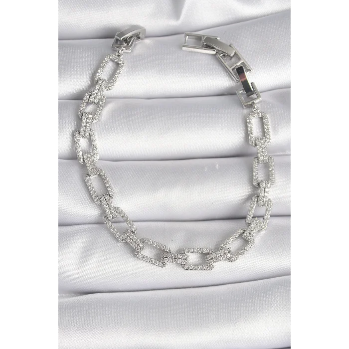 Pirinç Gümüş Renk Zirkon Taşlı Zincir Model VIP Seri Kadın Bileklik