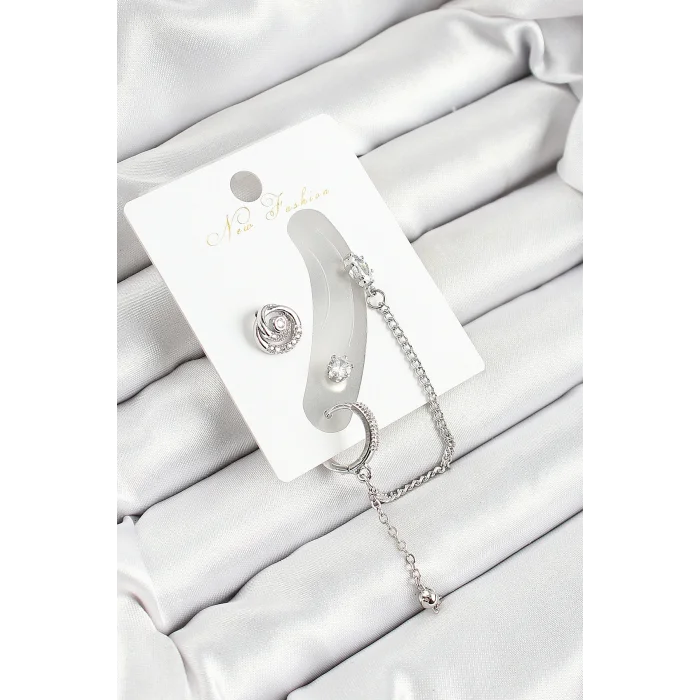 Pirinç Halka Figürlü Zirkon Taşlı Gümüş Renk 3lü Kıkırdak Kadın Küpe Set