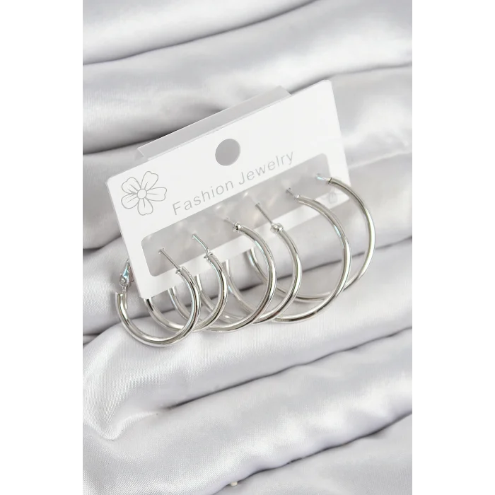 Pirinç Halka Model Gümüş Renk Kadın Set Küpe