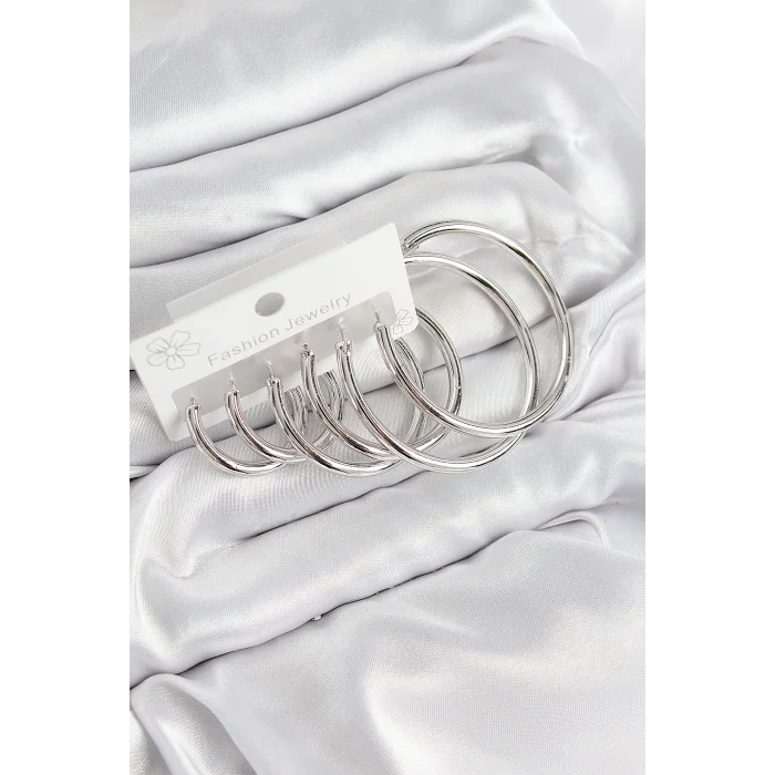 Pirinç Halka Model Gümüş Renk Kadın Set Küpe