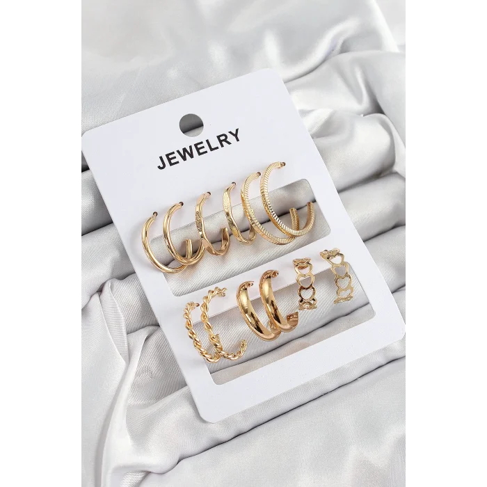 Pirinç Karışık Halka Model Gold Renk 6 Çift Kadın Küpe Set