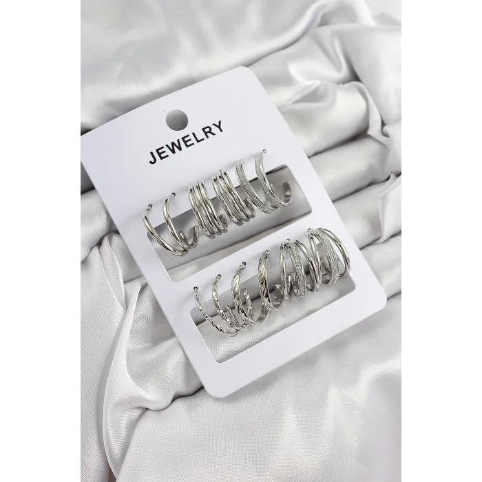 Pirinç Karışık Halka Model Gümüş Renk 6 Çift Kadın Küpe Set