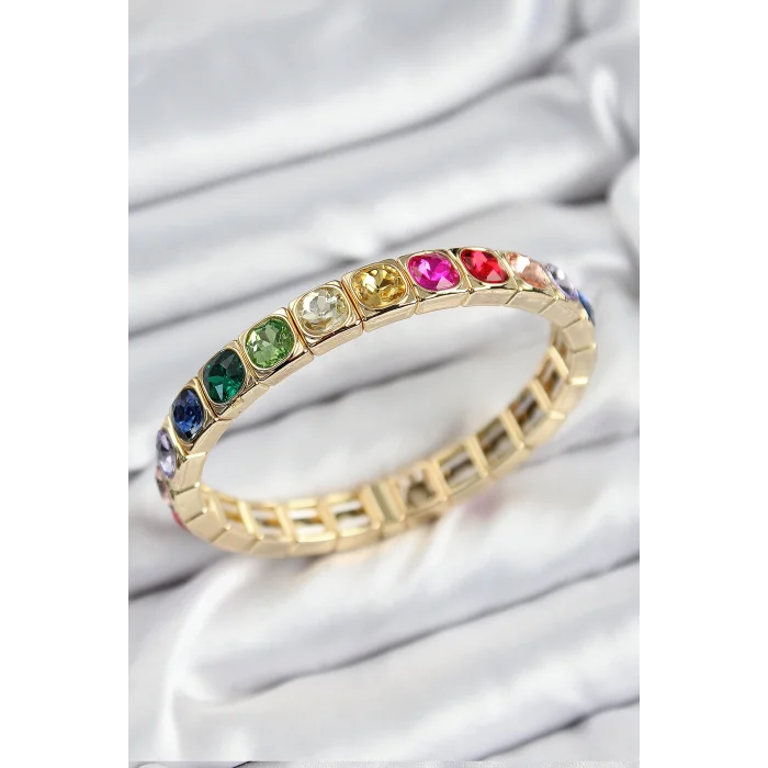 Pirinç Karışık Zirkon Taşlı Kare Model Gold Renk Lastikli Kadın Bileklik