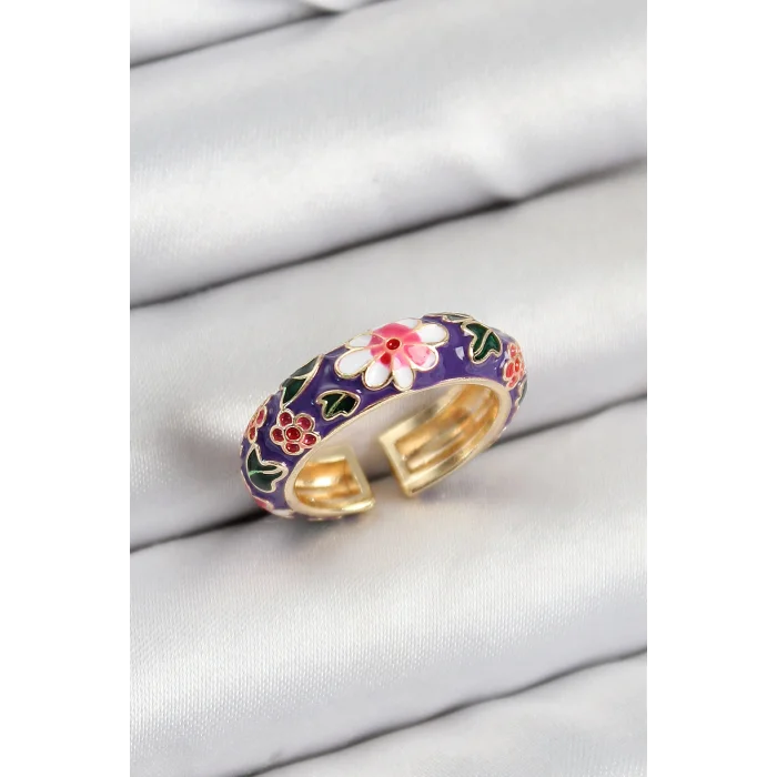 Pirinç Mor Mineli Çiçek Motifli Gold Renk Ayarlanabilir Kadın Yüzük