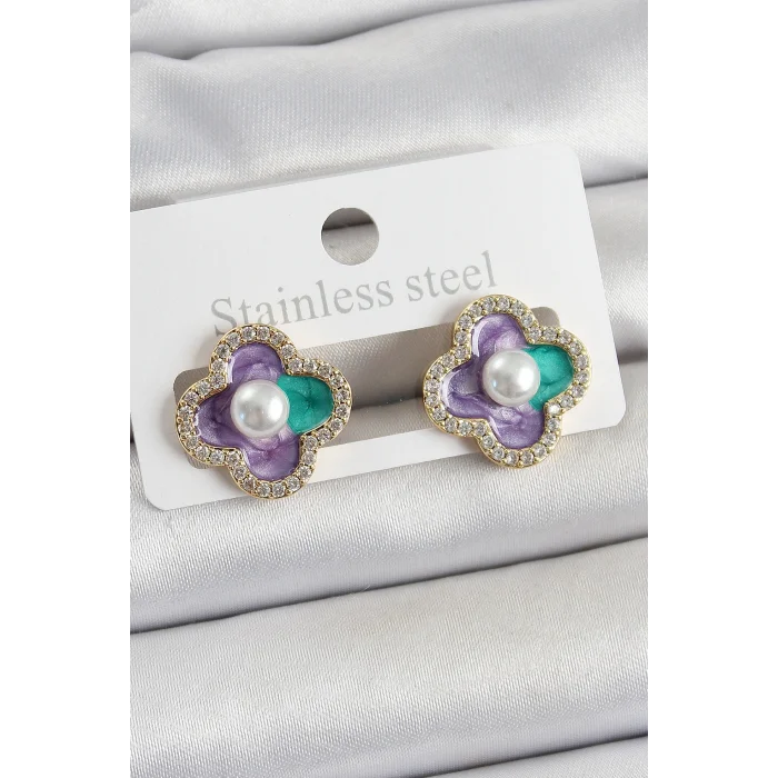 Pirinç Mor Mineli İnci Detaylı Zirkon Taşlı Sanatsal Portre Yonca Model Gold Renk Kadın Küpe