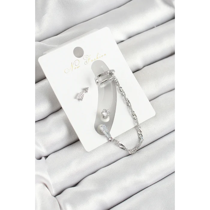 Pirinç Ok Figürlü Zirkon Taşlı Gümüş Renk 3lü Kıkırdak Kadın Küpe Set