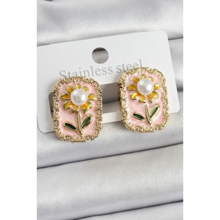 Pirinç Pembe Mineli Papatya Figürlü Sanatsal Portre Model Gold Renk Kadın Küpe