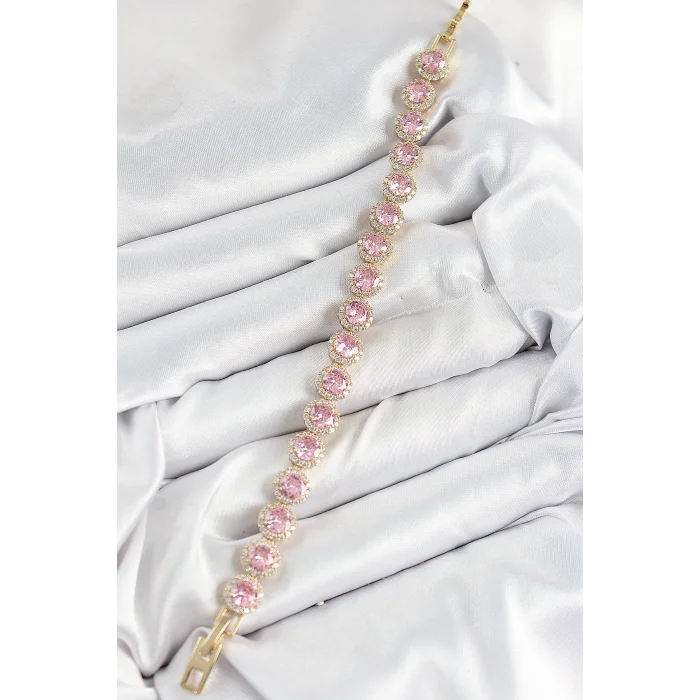 Pirinç Pembe Zirkon Taşlı Daire Baget Model Gold Renk VIP Seri Kadın Bileklik