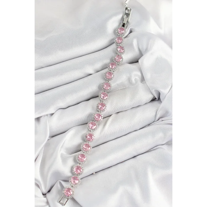 Pirinç Pembe Zirkon Taşlı Daire Baget Model Gümüş Renk VIP Seri Kadın Bileklik