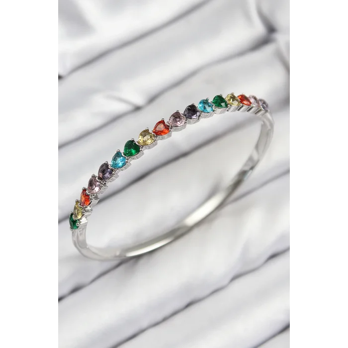 Pirinç Renkli Zirkon Taşlı Kalp Model Gümüş Renk Kadın Kelepçe