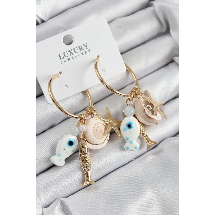 Pirinç Sallantılı Seramik Balık Ve Deniz Kabuğu Model Gold Renk Kadın Küpe