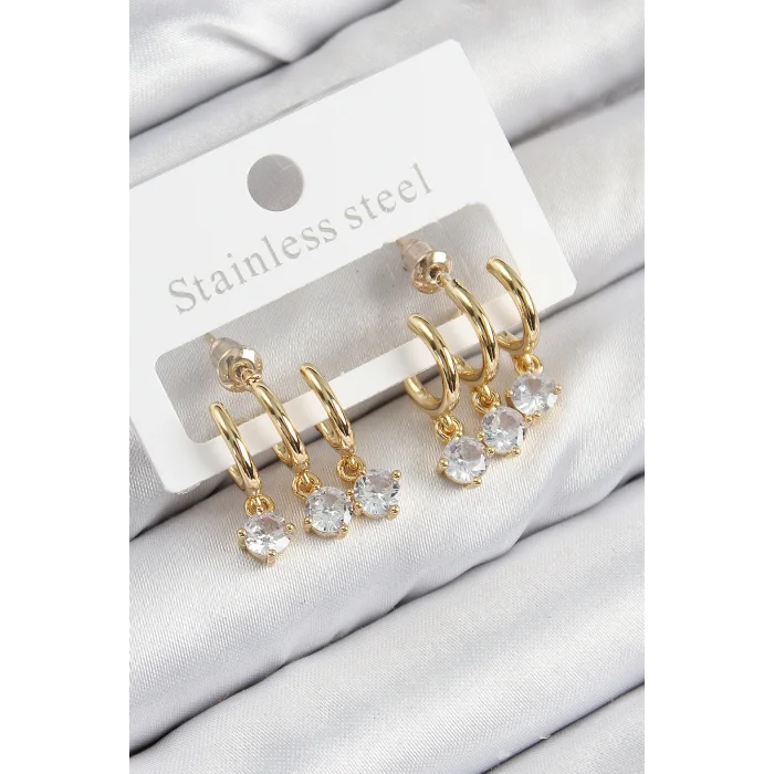 Pirinç Sallantılı Zirkon Taşlı Model Gold Renk Kadın Küpe