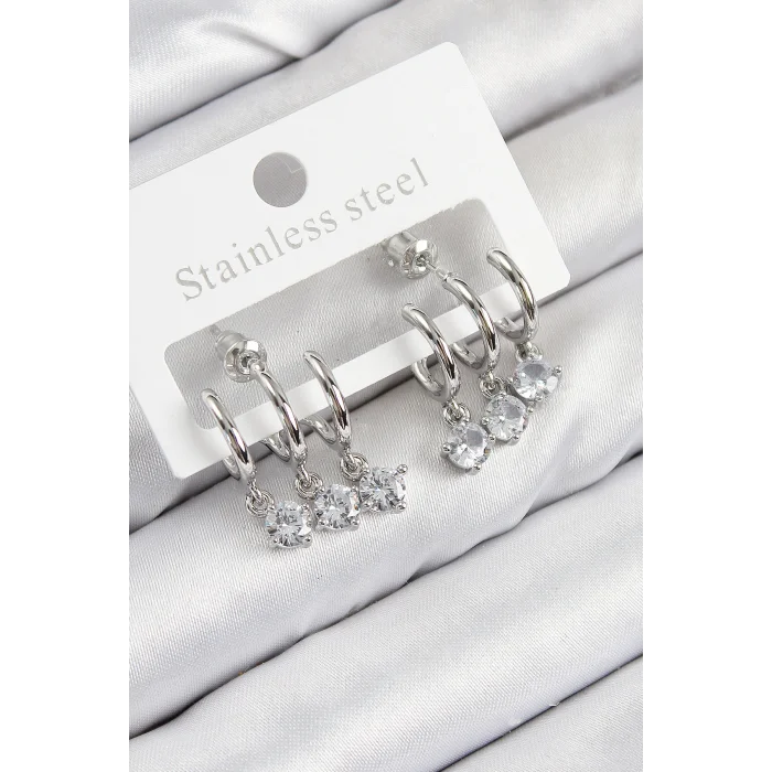 Pirinç Sallantılı Zirkon Taşlı Model Gümüş Renk Kadın Küpe