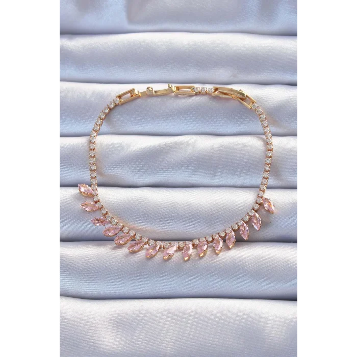 Pirinç Vip Seri Altın Renk Pembe Zirkon Taşlı Bileklik