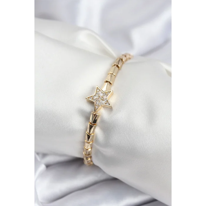 Pirinç VIP Seri Gold Renk Zirkon Taşlı Yıldız Model Kadın Bileklik