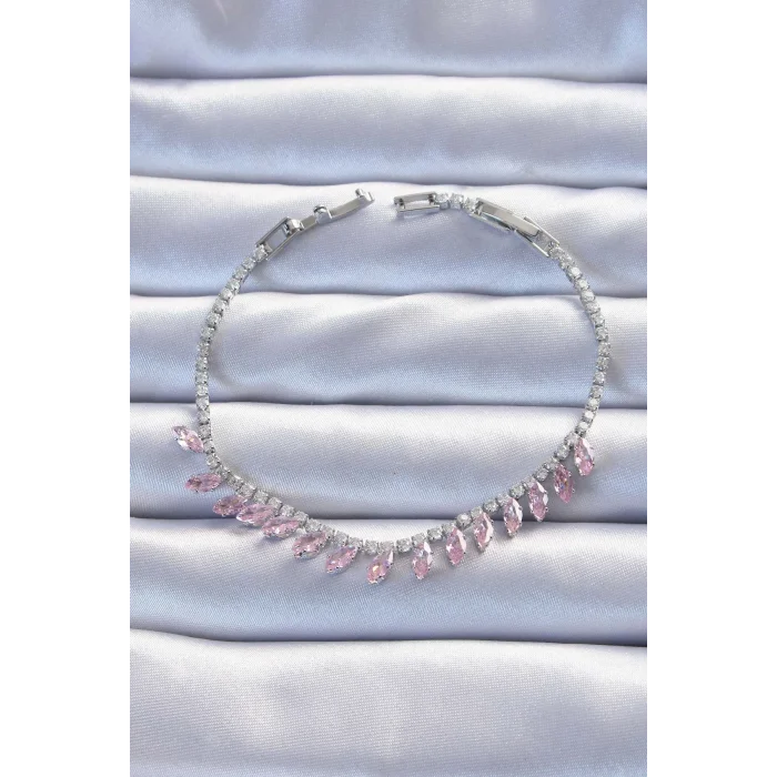 Pirinç Vip Seri Gümüş Renk Pembe Zirkon Taşlı Bileklik