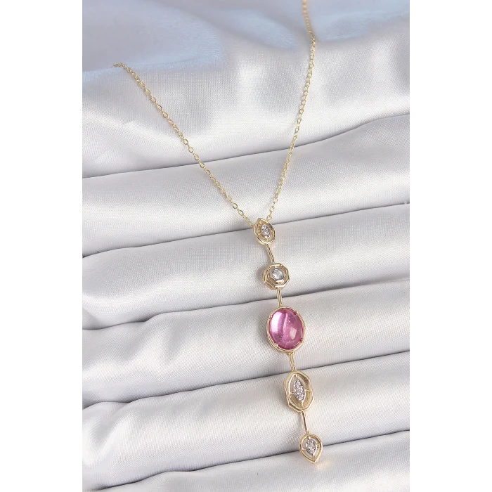 Pirinç Zincir Gold Renk Pembe Zirkon Taşlı Y Kolye