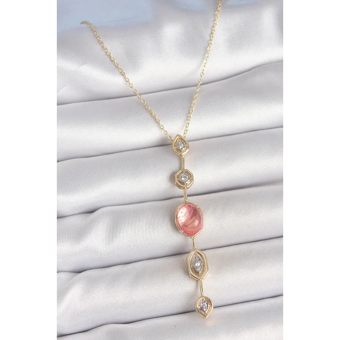 Pirinç Zincir Pembe Gold Renk Zirkon Taşlı Y Kolye