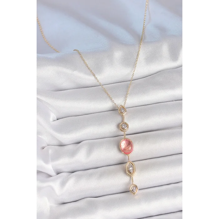 Pirinç Zincir Pembe Gold Renk Zirkon Taşlı Y Kolye
