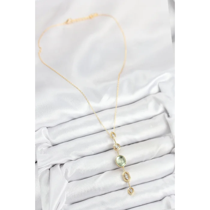 Pirinç Zincir Yeşil Gold Renk Zirkon Taşlı Y Kolye