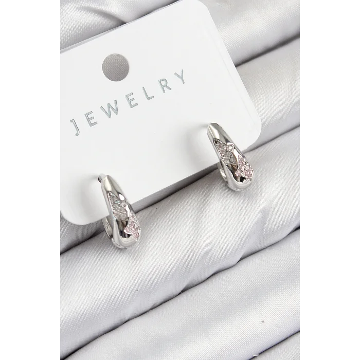 Pirinç Zirkon Taş Desenli Model Gümüş Renk Kadın Küpe