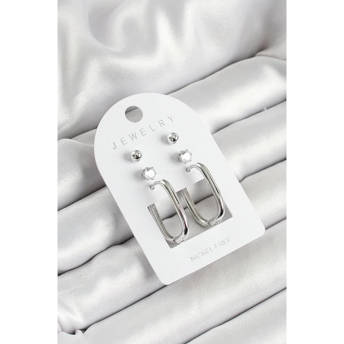 Pirinç Zirkon Taş Ve Dikdörtgen Figürlü Gümüş Renk 3lü Çift Kadın Küpe Set