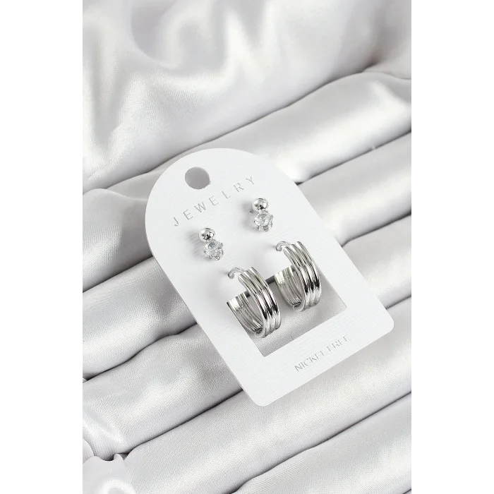 Pirinç Zirkon Taş Ve Halka Figürlü Gümüş Renk 3lü Çift Kadın Küpe Set