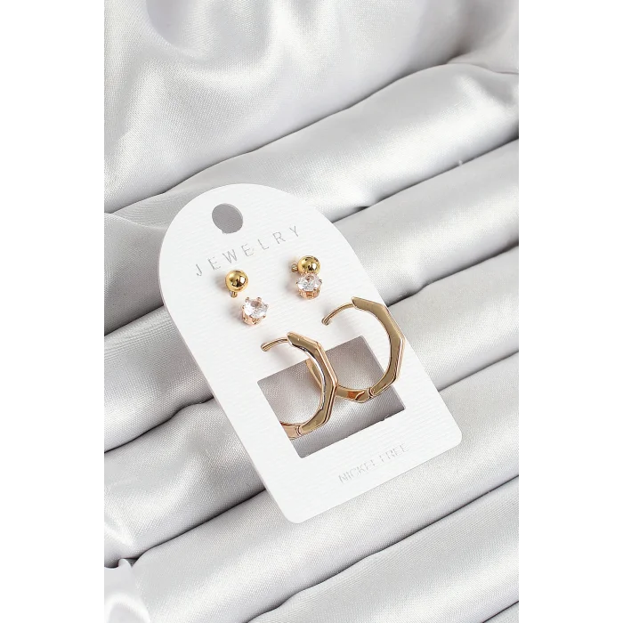 Pirinç Zirkon Taş Ve Kemik Halka Figürlü Gold Renk 3lü Çift Kadın Küpe Set