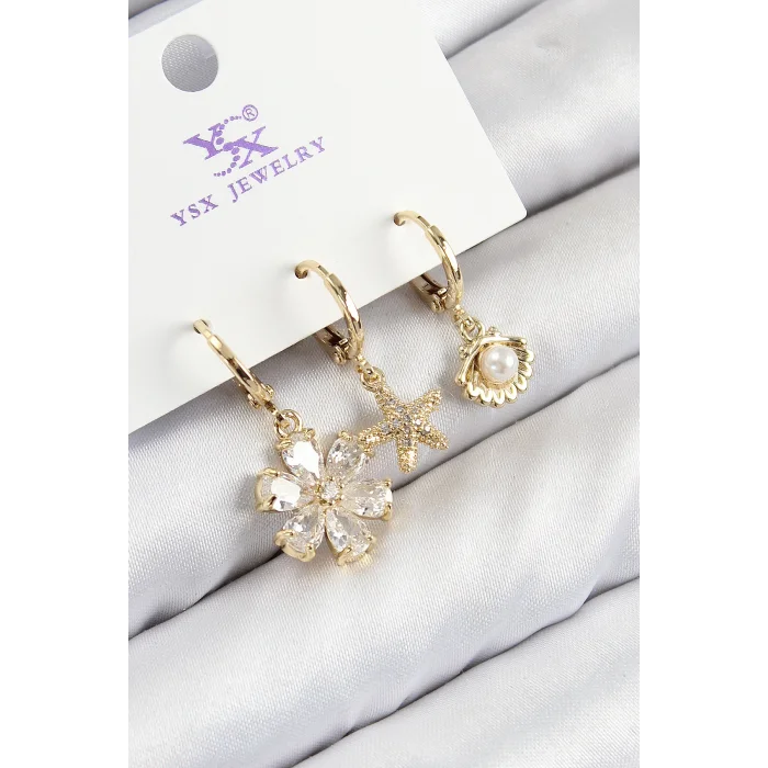 Pirinç Zirkon Taşlı 3lü İstiridye Ve Çiçek Model Gold Renk Kadın Küpe