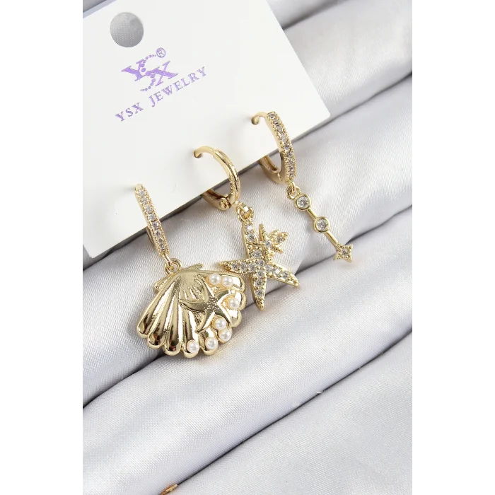 Pirinç Zirkon Taşlı 3lü İstiridye Ve Yıldız Model Gold Renk Kadın Küpe