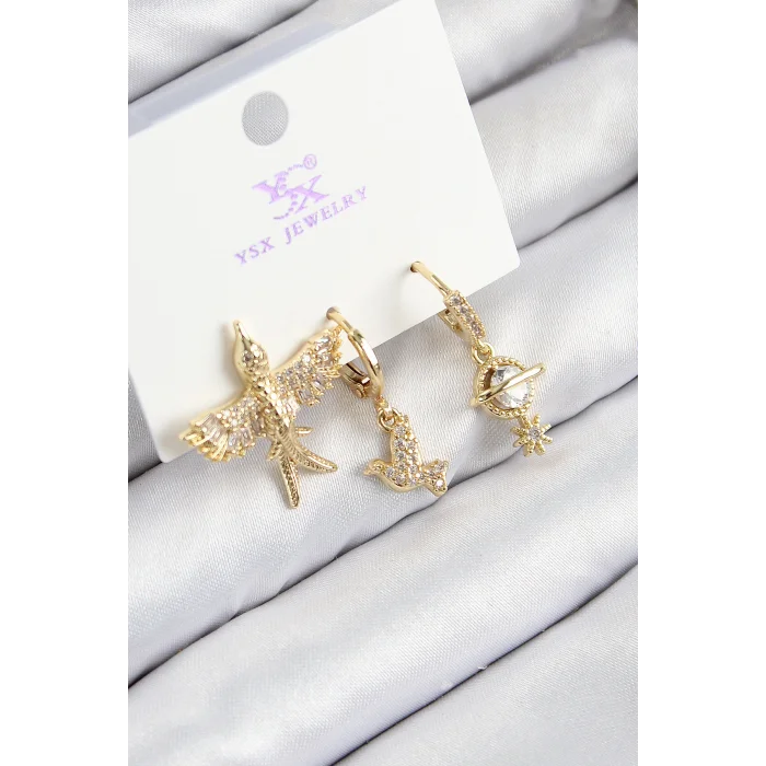 Pirinç Zirkon Taşlı 3lü Kuş Model Gold Renk Kadın Küpe