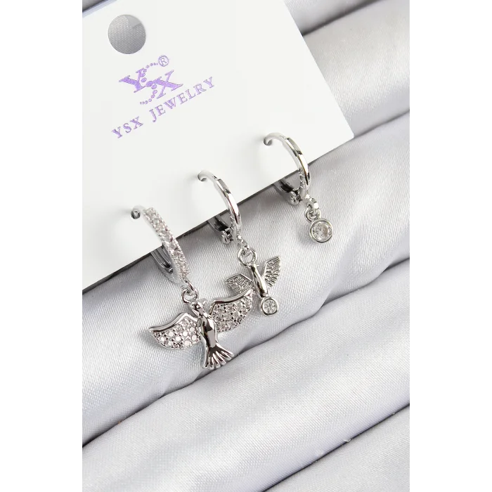 Pirinç Zirkon Taşlı 3lü Kuş Model Gümüş Renk Kadın Küpe