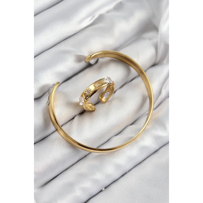 Pirinç Zirkon Taşlı Ayrık Model Gold Renk Bileklik Yüzük Set