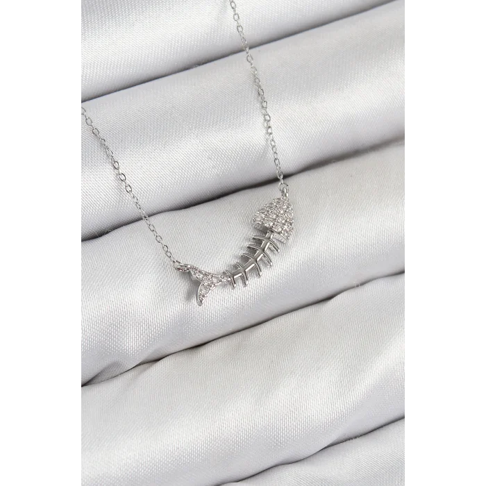 Pirinç Zirkon Taşlı Balık Kılçığı Model Gümüş Renk Kadın Kolye