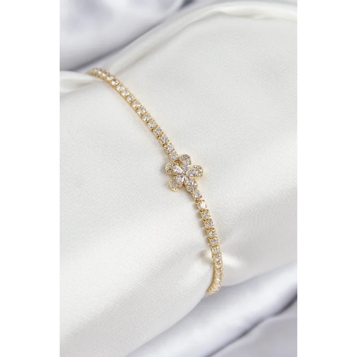 Pirinç Zirkon Taşlı Çiçek Model Gold Renk Kadın Bileklik