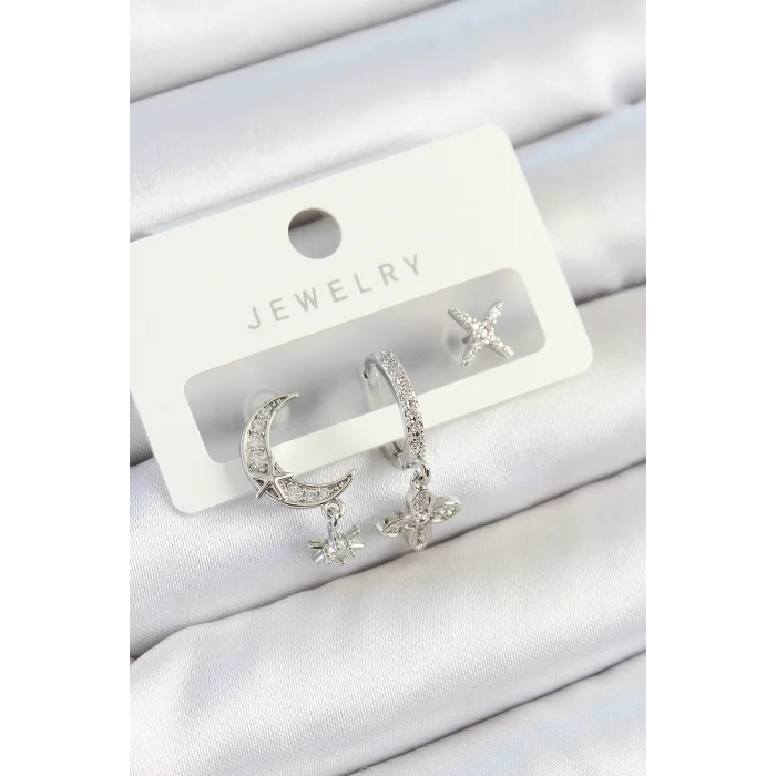 Pirinç Zirkon Taşlı Çiçek Ve Ay Model Gümüş Renk 3lü Çift Kadın Küpe Set